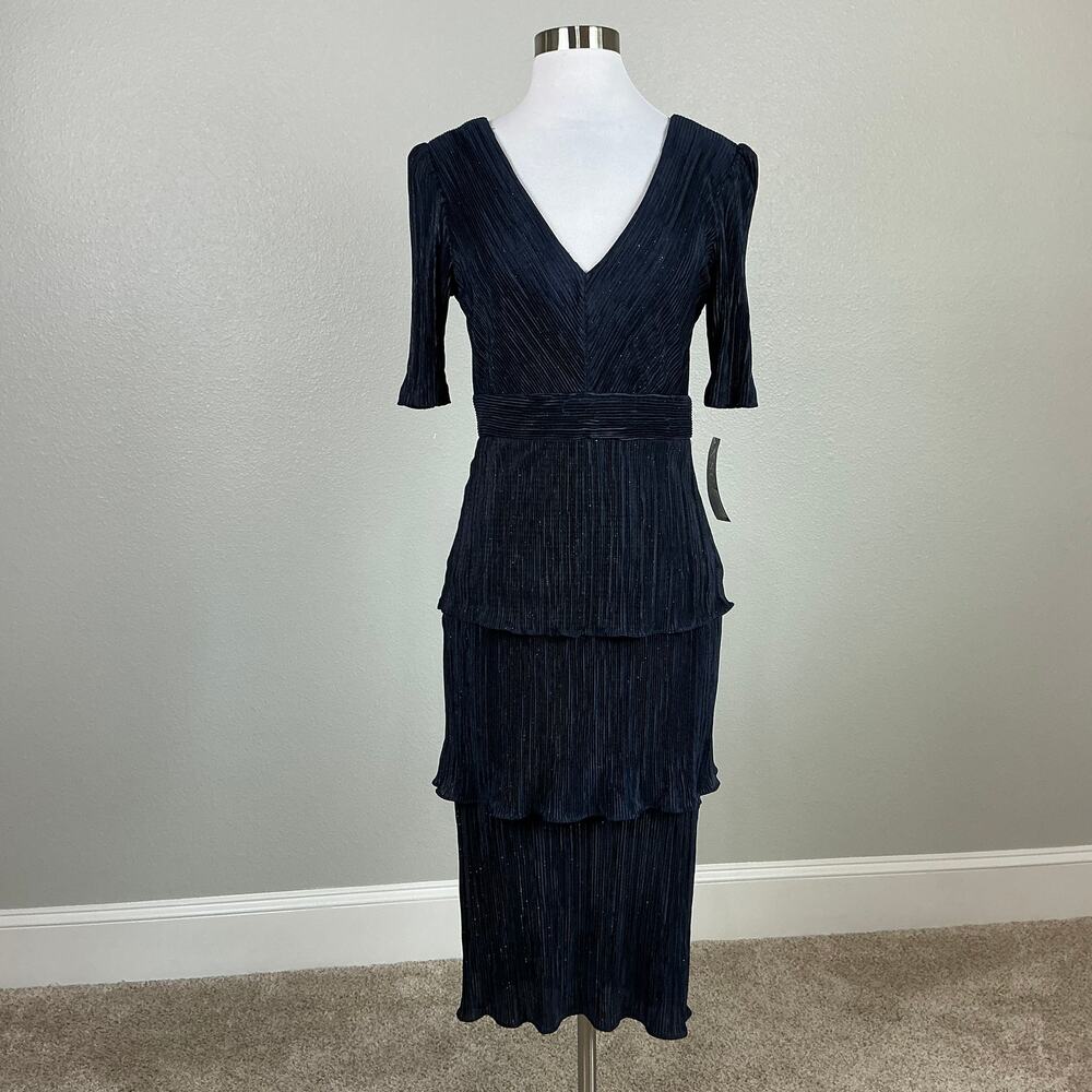 XSCAPE Pleated Sparkly Chiffon Midi Sheath Cocktail Dress Navy Blue Size 8 - Picture 2 of 13